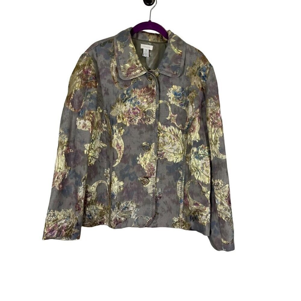 Chicos Jacket Women 16 Floral Metallic Blazer Fairy Whimsical Office Boho Dainty